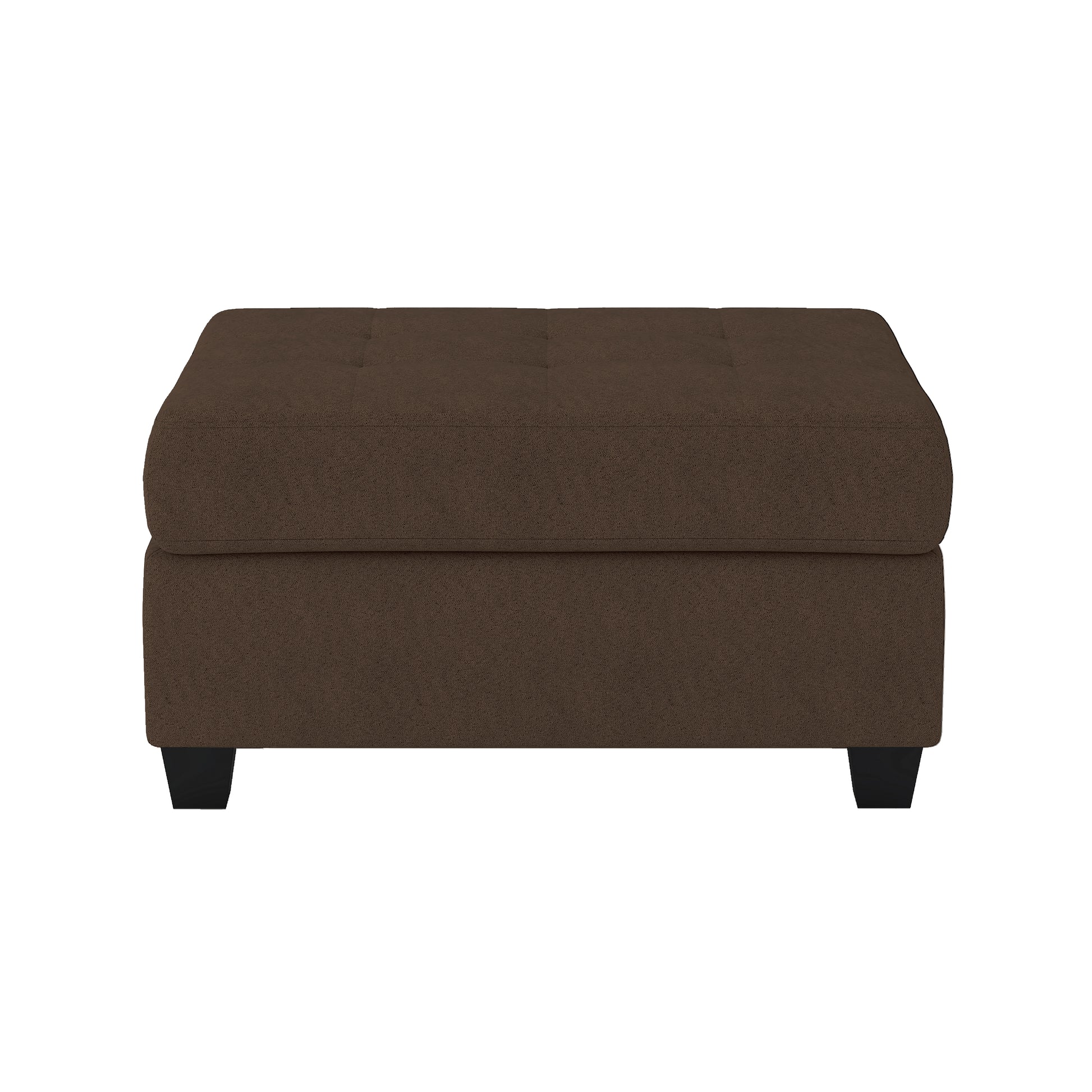 Tufted brown fabric ottoman with square shape and short black legs