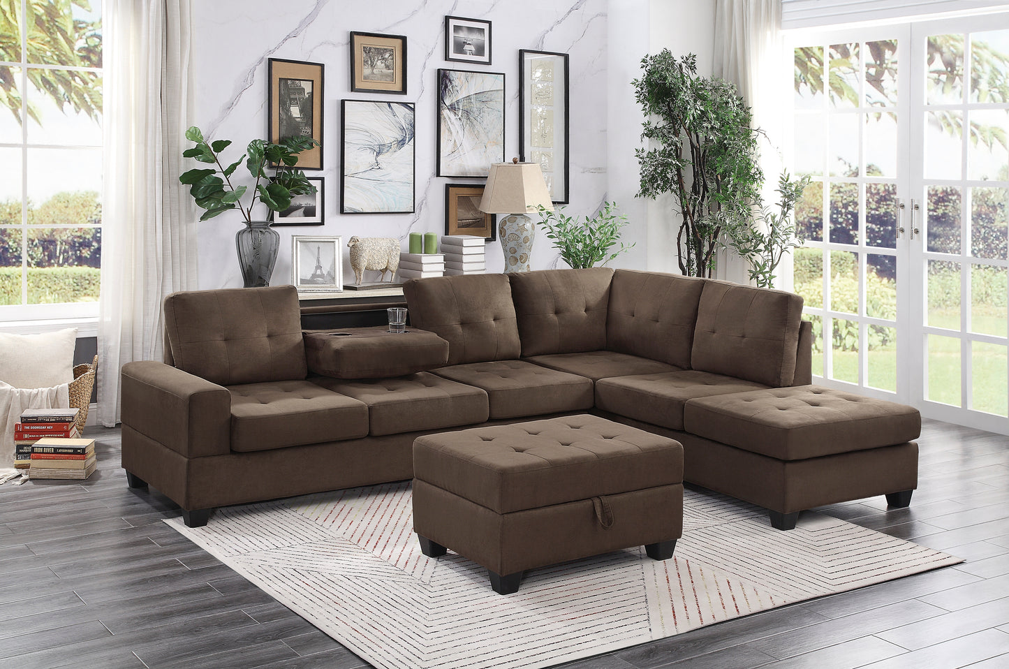 Brown tufted fabric sectional sofa with ottoman and cup holder