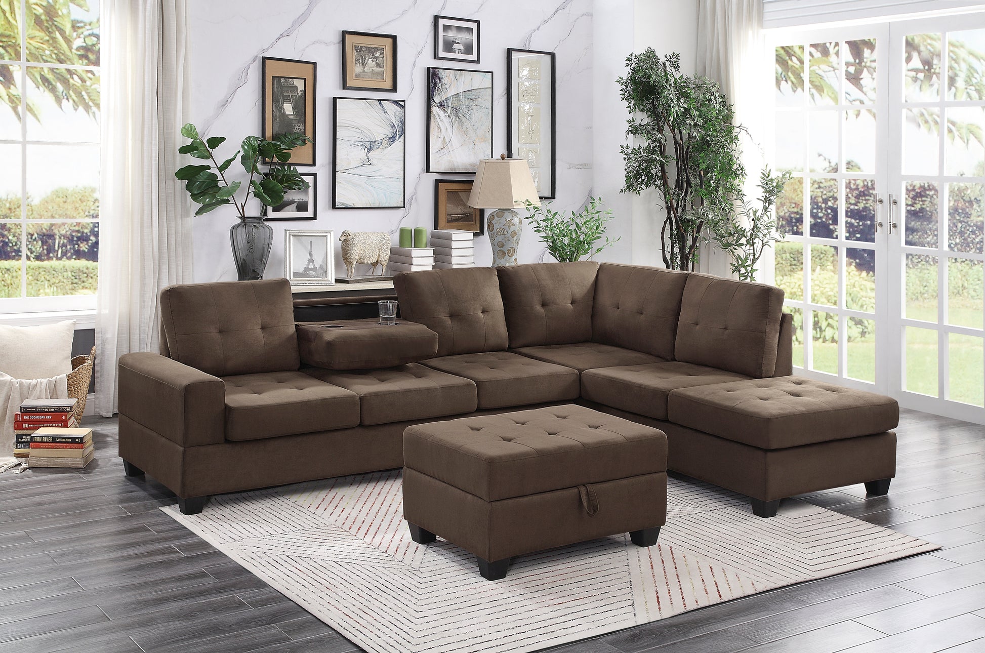 Brown tufted fabric sectional sofa with ottoman and cup holder