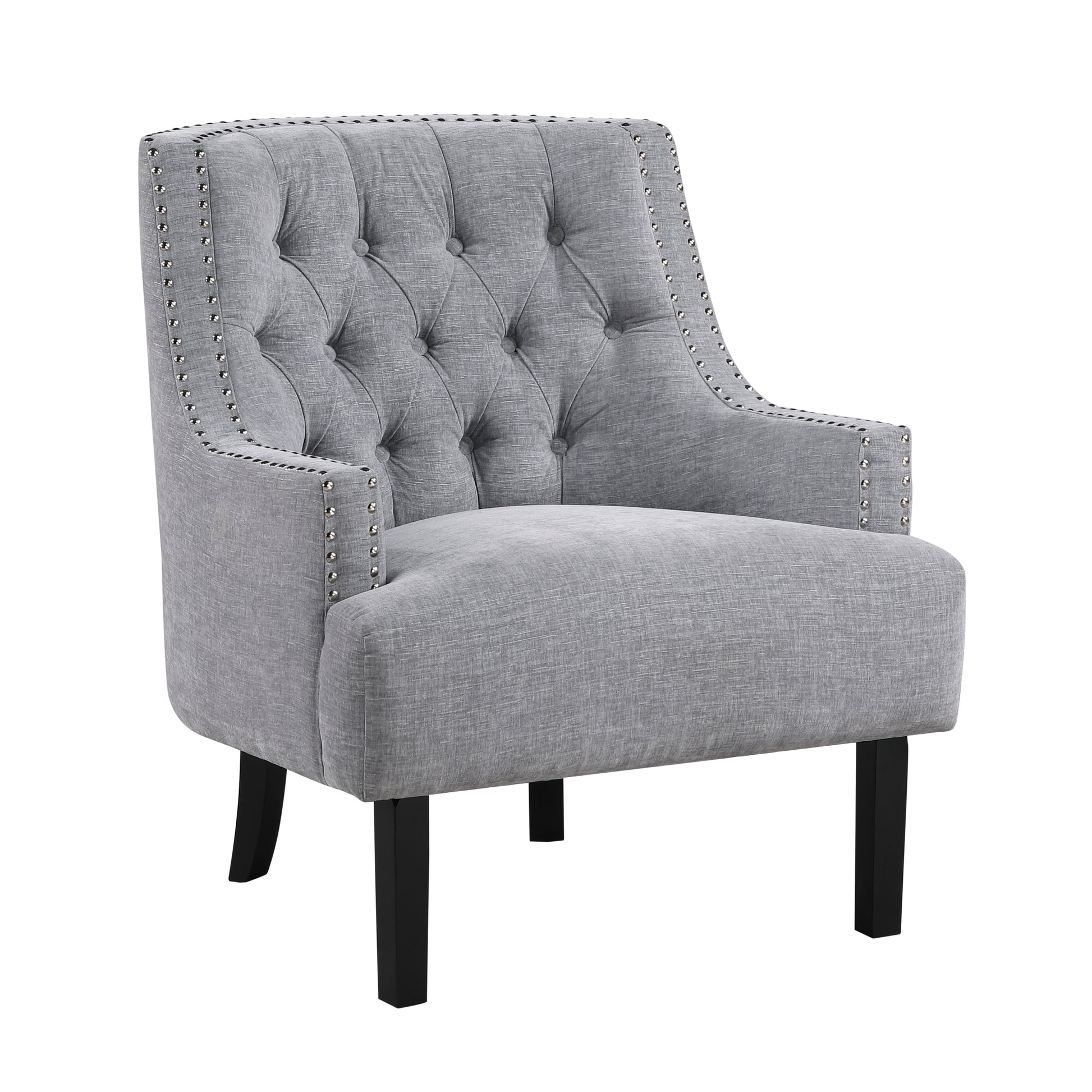 Tufted grey linen accent chair with silver nailhead trim and dark wood legs
