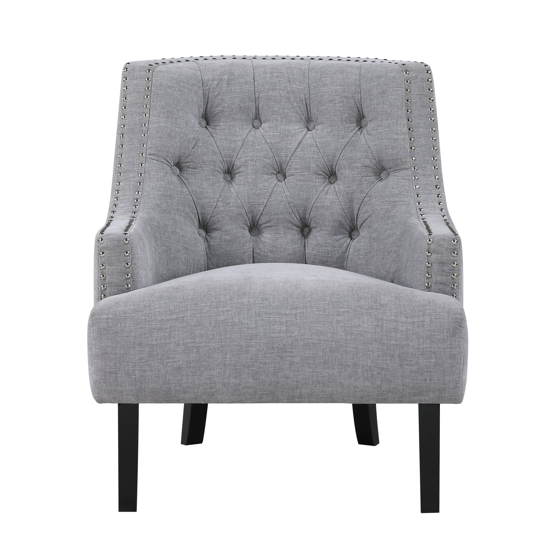 Grey fabric armchair with tufted back and silver nailhead trim