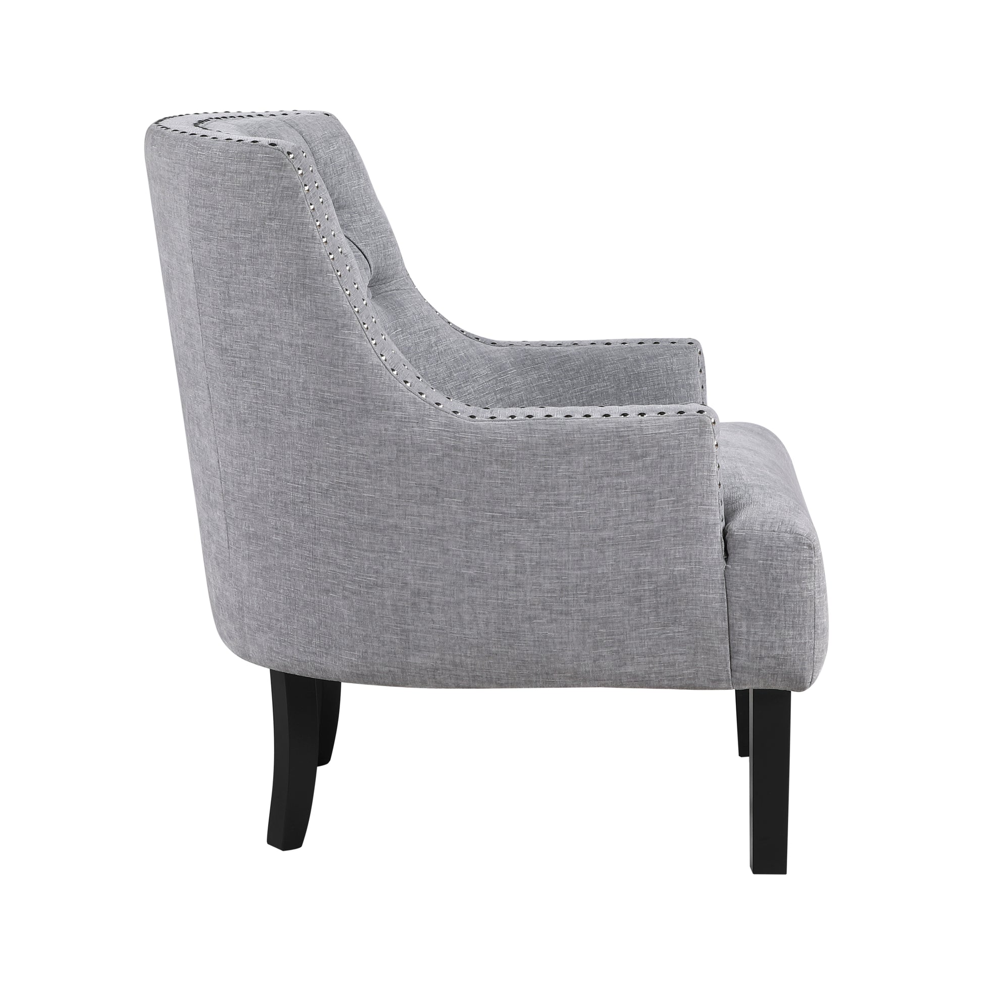 Grey fabric accent chair with silver nailhead trim and dark wood legs