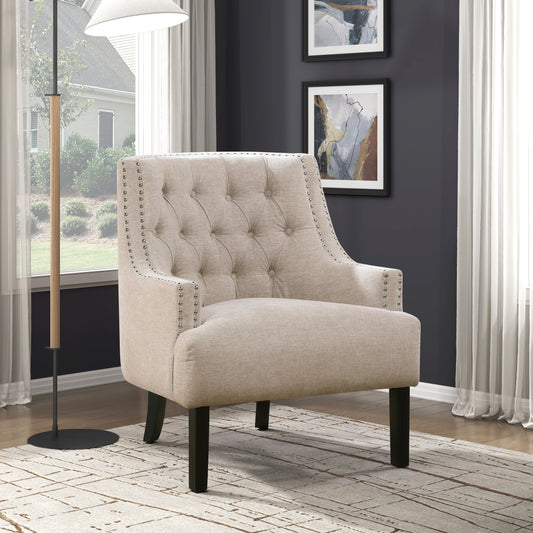 Tufted linen accent chair in natural beige with silver nailhead trim