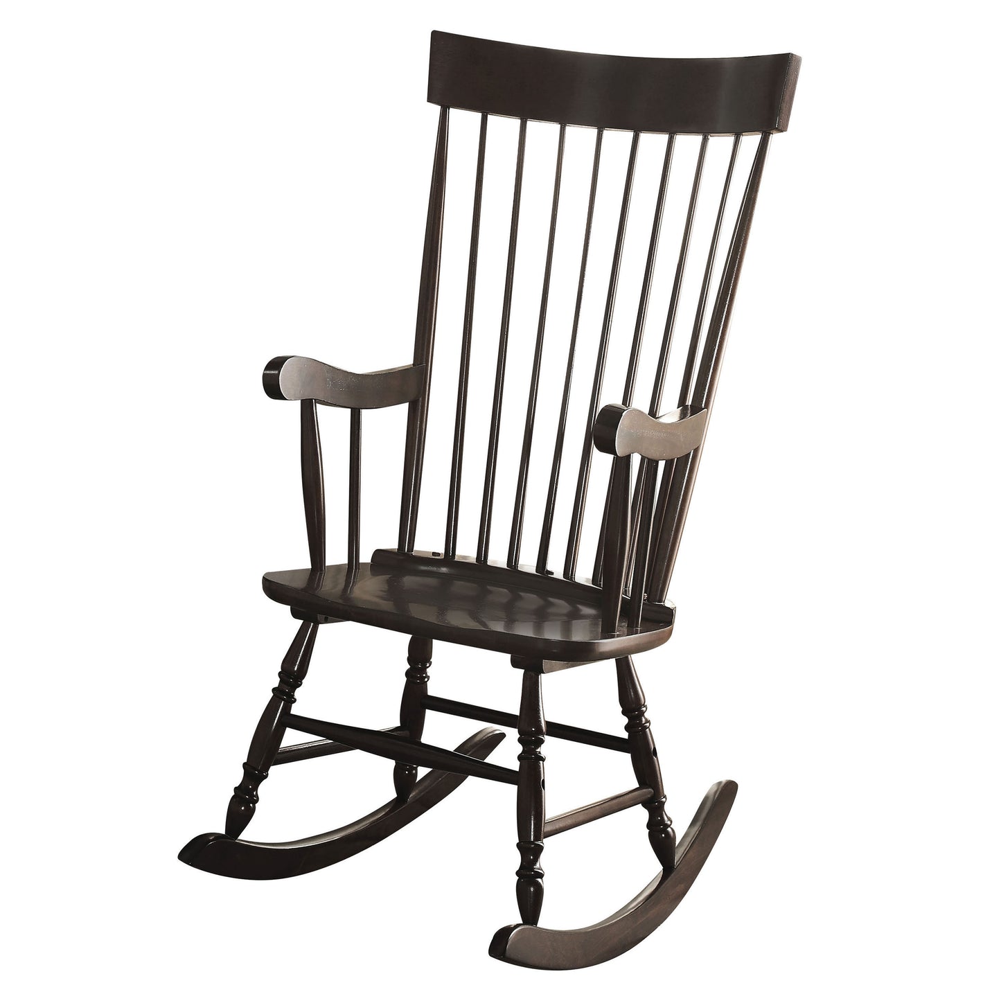 Dark wood spindle back rocking chair with curved armrests and turned legs