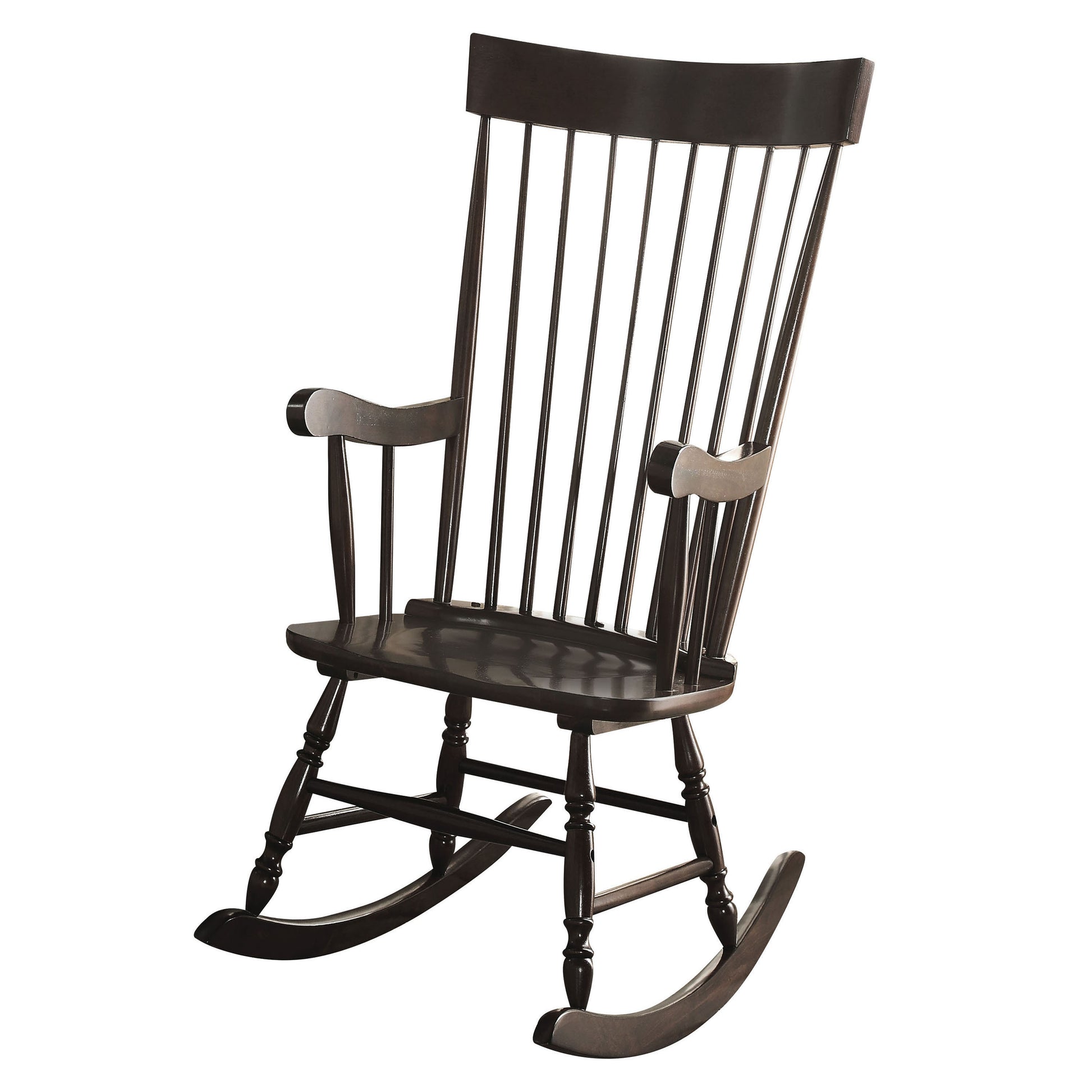Dark wood spindle back rocking chair with curved armrests and turned legs