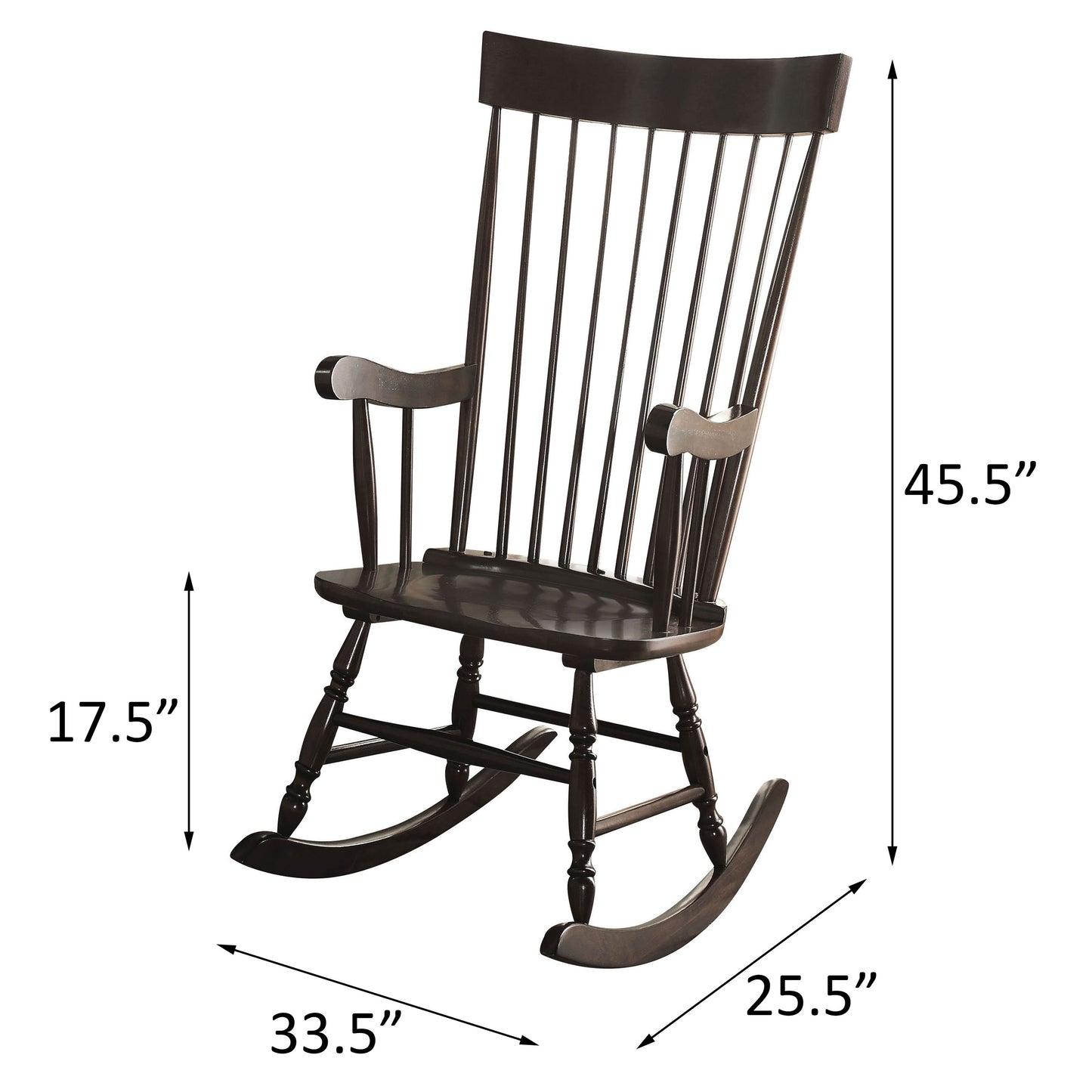 Dark brown wooden rocking chair with a tall slatted back and curved arms for a cozy living room