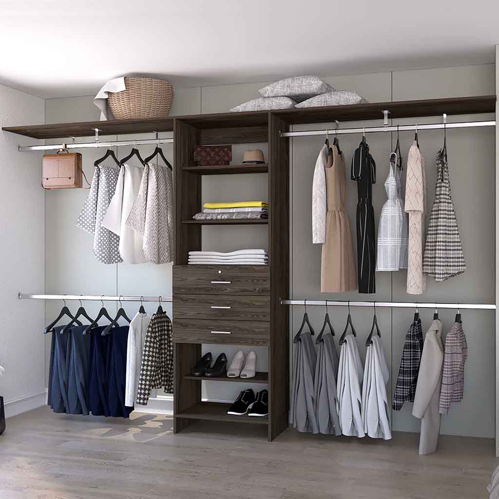 Dark wood walkin closet with organized apparel and shoes