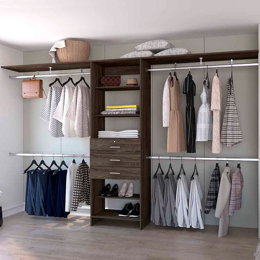 Dark wood walkin closet with organized apparel and shoes