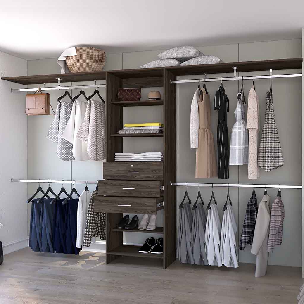 Dark wood modular closet system with hanging clothes and folded linens