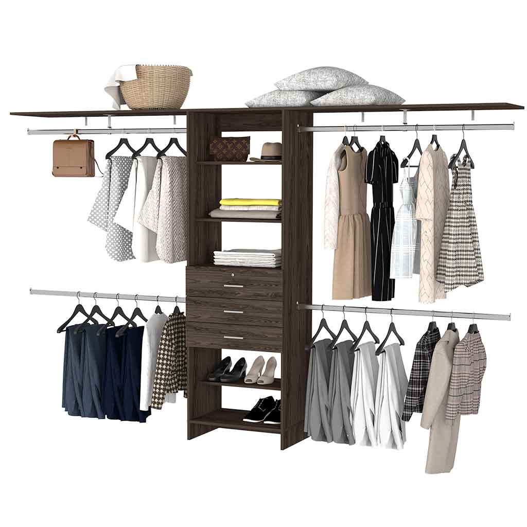 Dark wood closet system with organized clothing and accessories