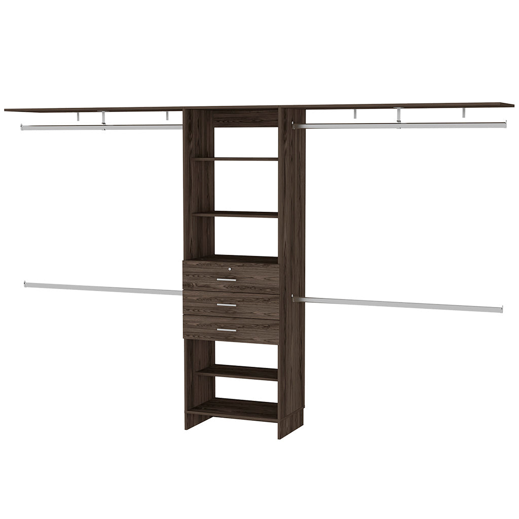 Dark walnut closet organizer system with shelves and three drawers