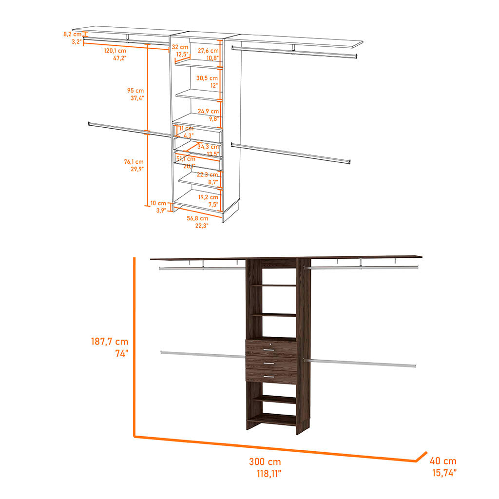 Diagram of a modular closet system with dimensions