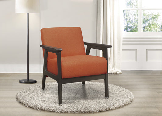 Orange fabric armchair with dark wood frame and sloped arms perfect accent chair