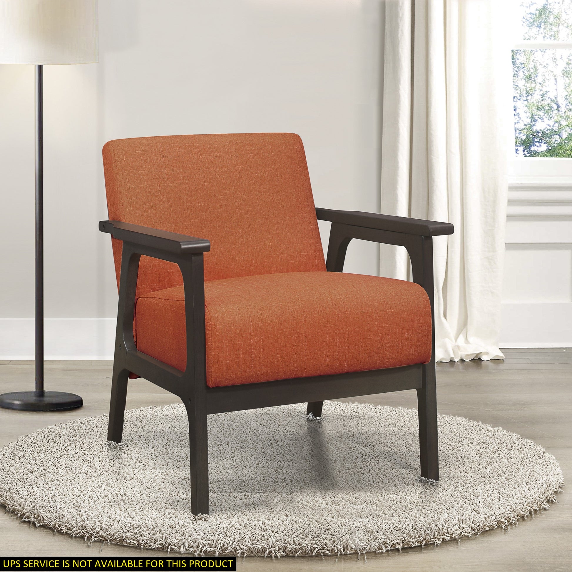 Orange accent chair with dark wood frame and upholstered seat and back