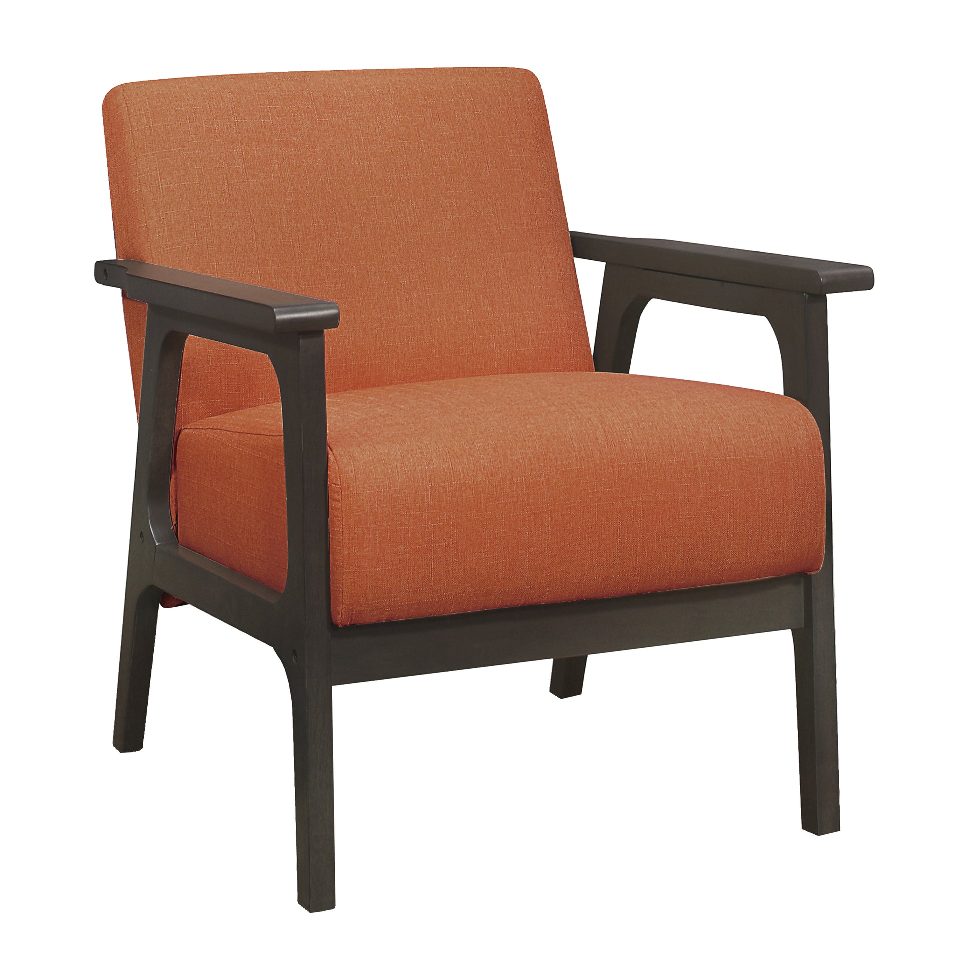 Orange upholstered armchair with dark wood frame and arms midcentury modern accent chair