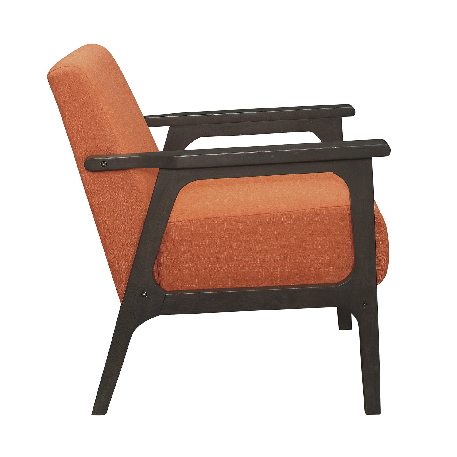 Orange upholstered accent chair with dark wood frame modern design