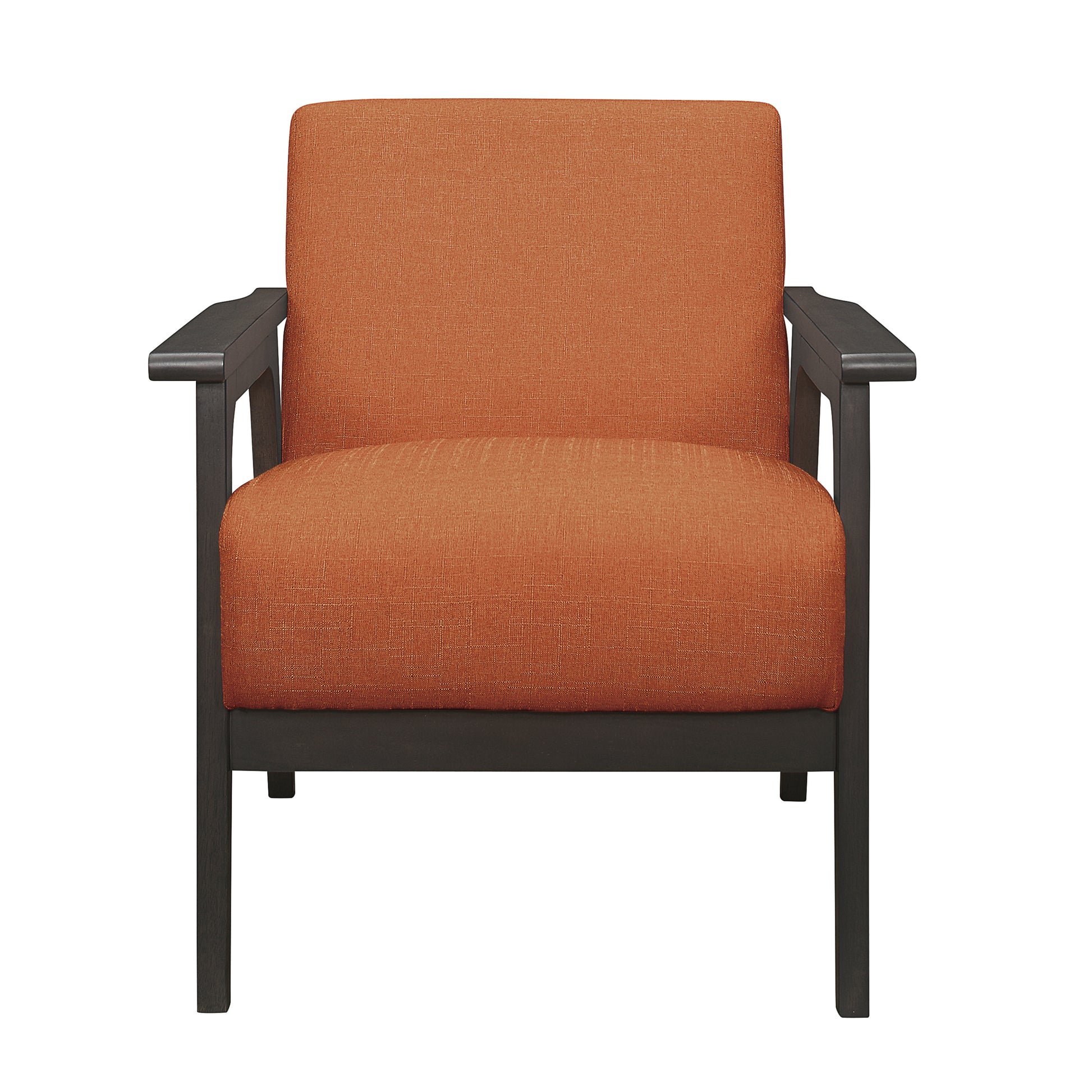 Modern armchair with burnt orange fabric upholstery and dark wood frame