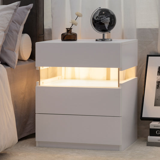 Modern white bedside table with two drawers and open shelf with LED lighting