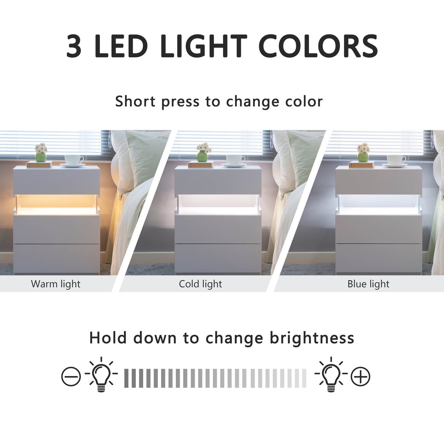 White modern nightstand with warm LED light glow