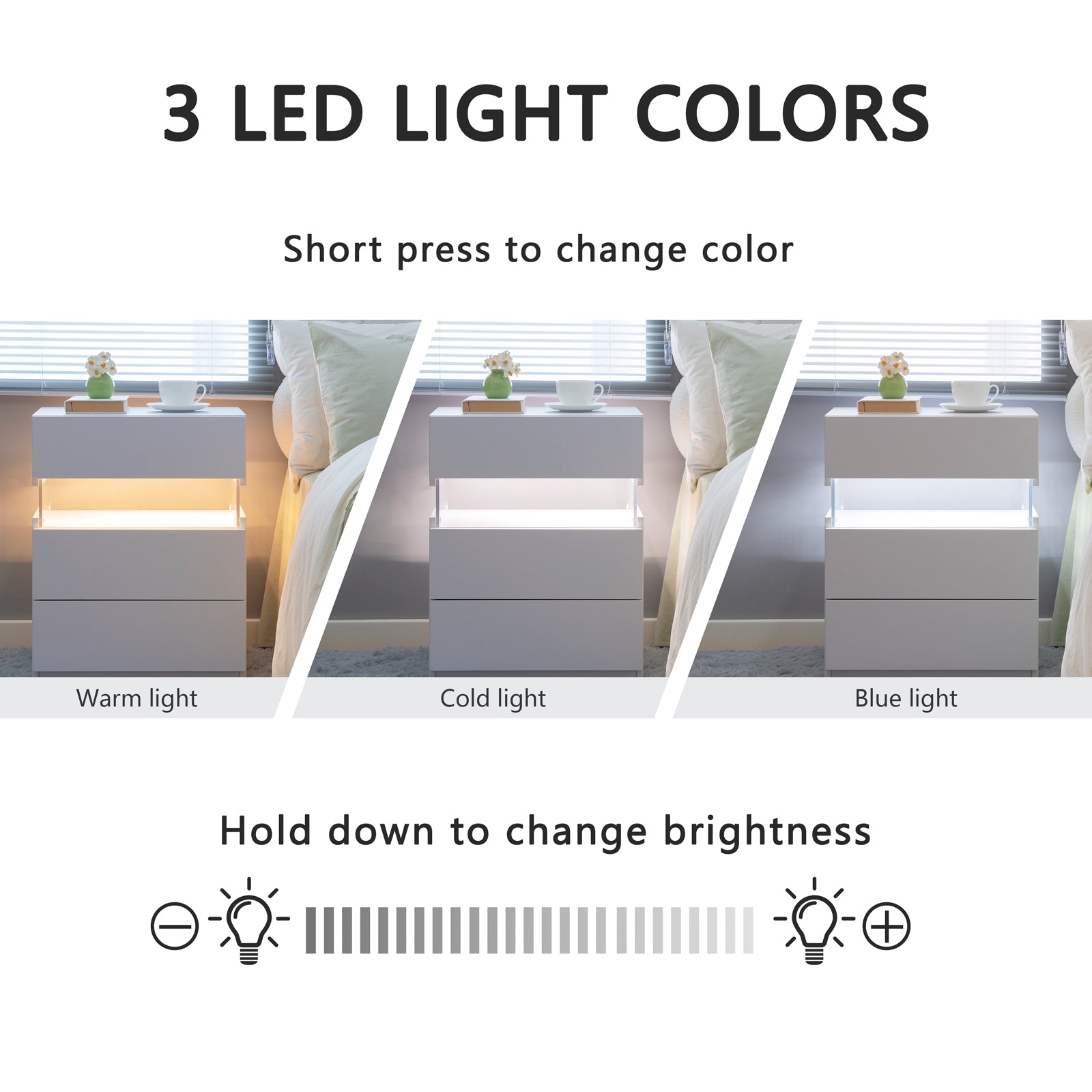 White modern nightstand with warm LED light glow