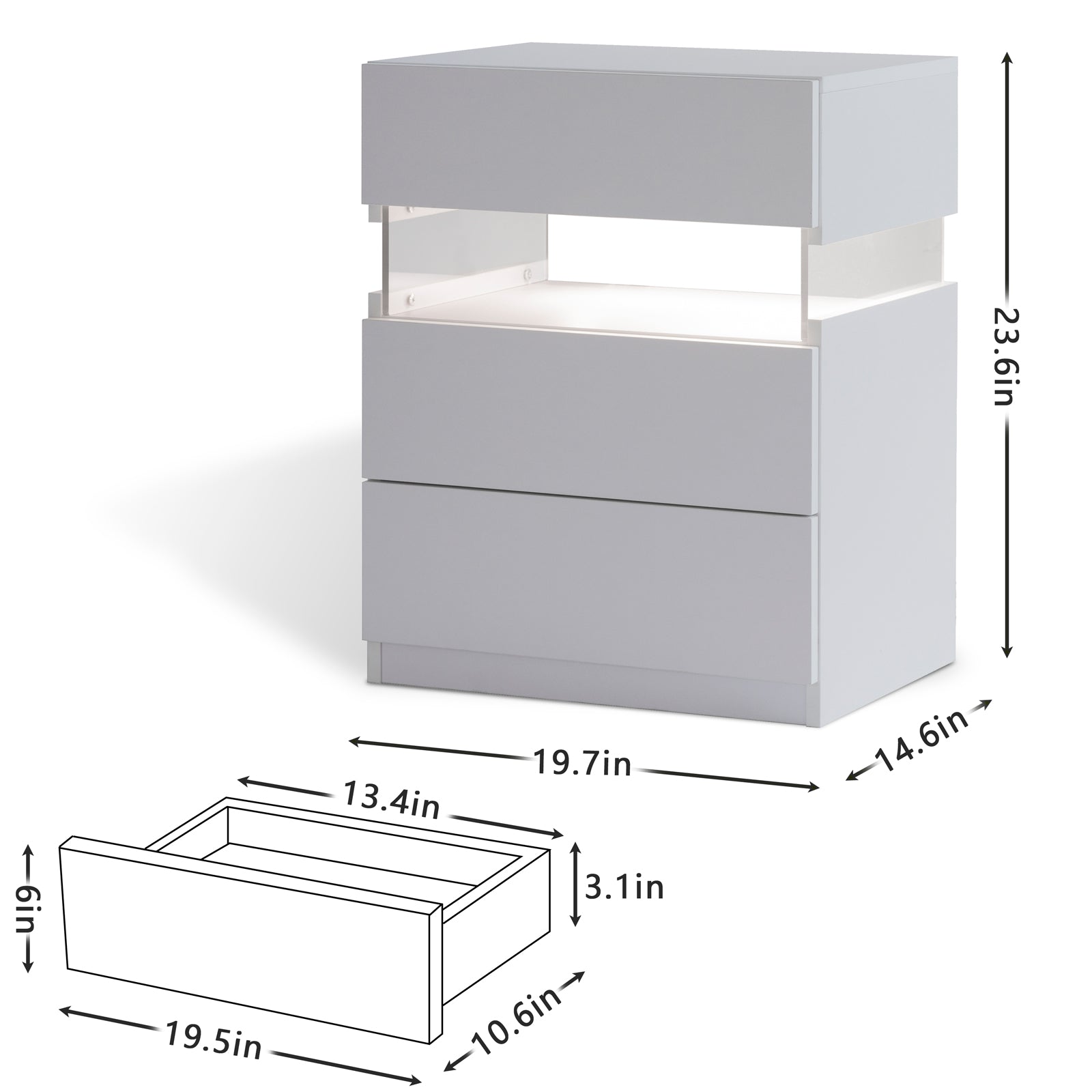 White twodrawer nightstand with modern design and integrated lighting