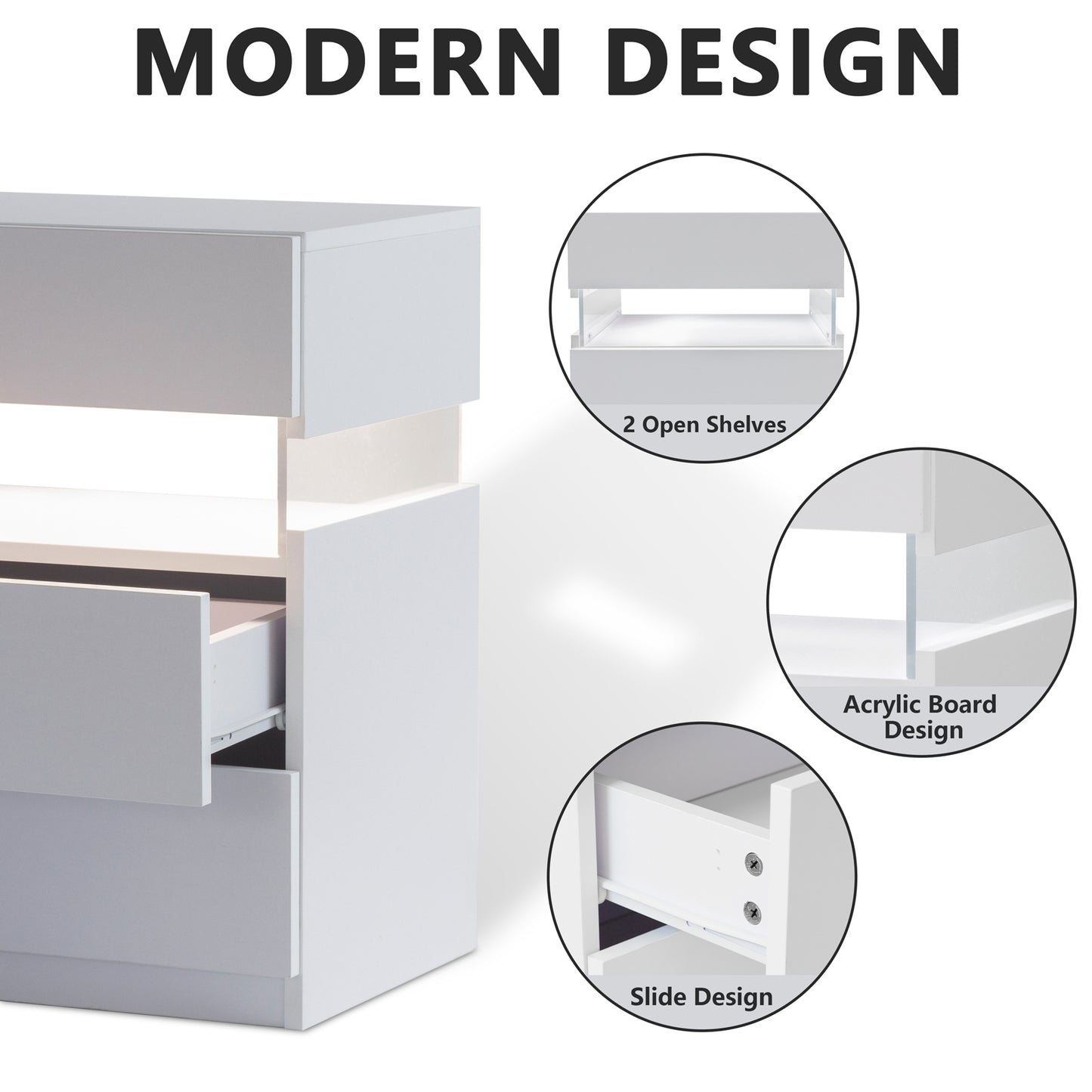 White modern dresser with two open shelves and slide drawers