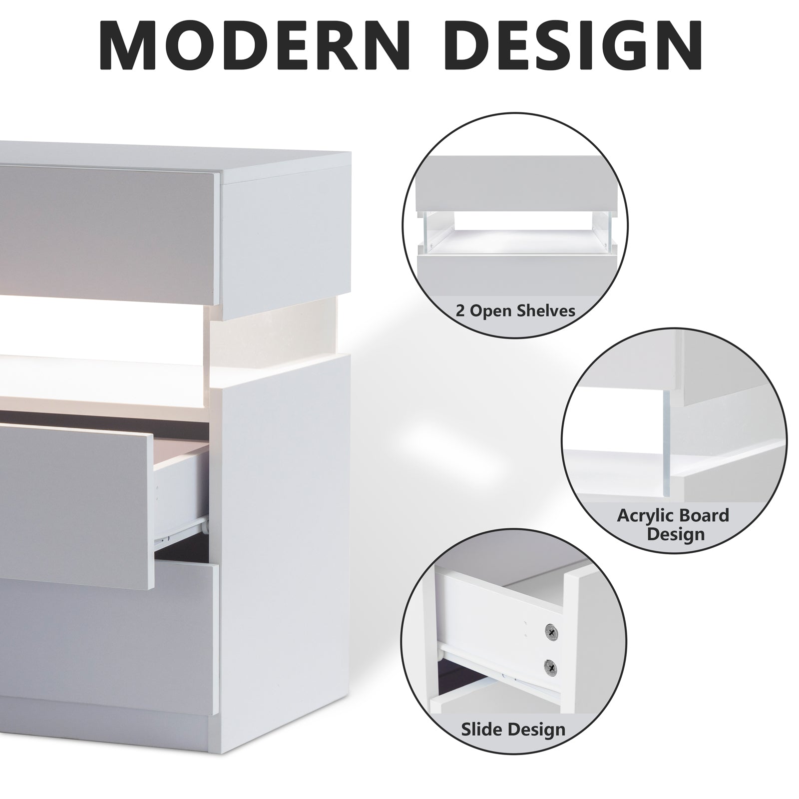 White modern dresser with two open shelves and slide drawers