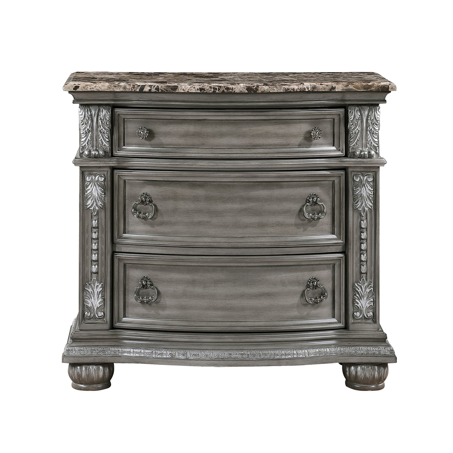 Gray antique nightstand with three drawers and ornate silver hardware
