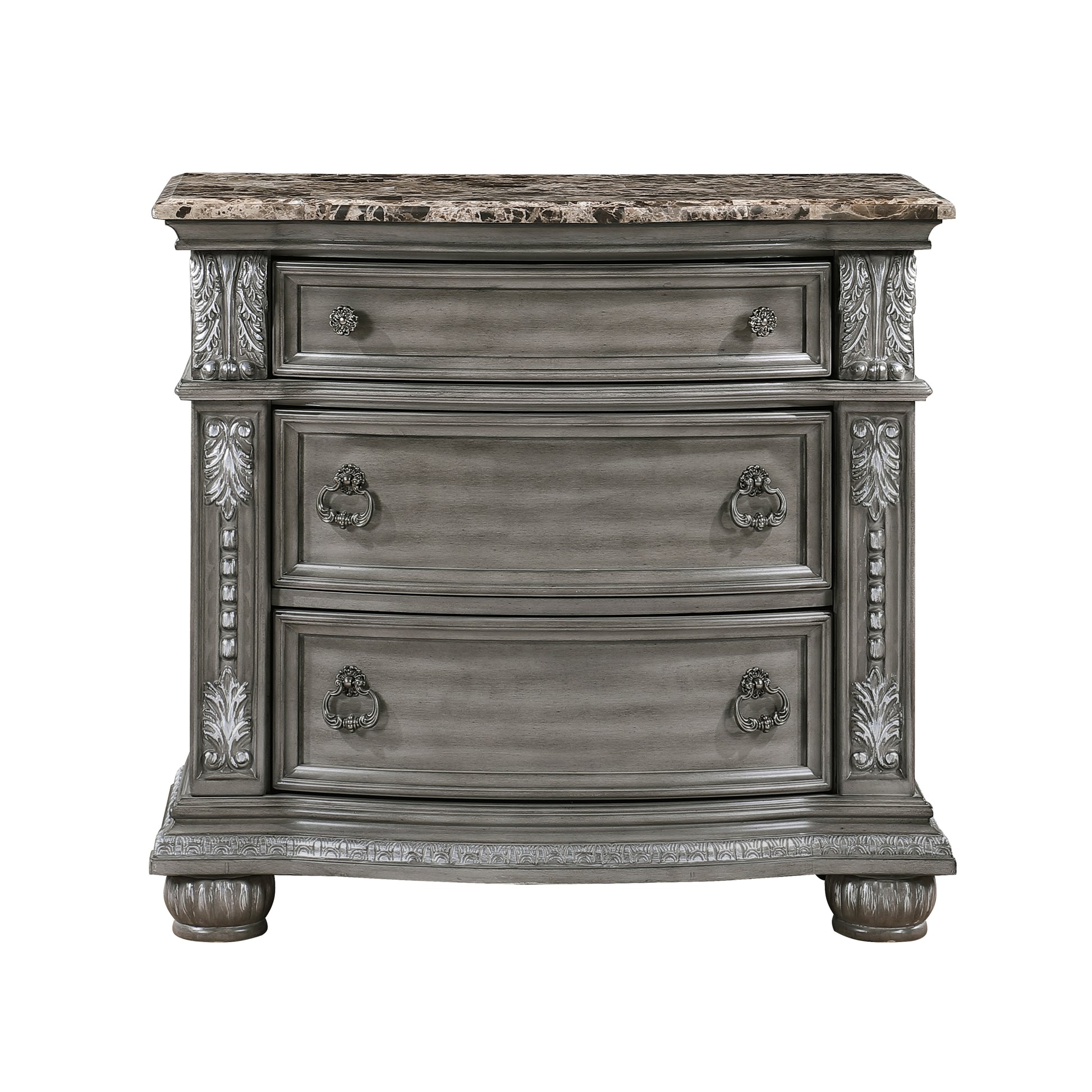 Gray antique nightstand with three drawers and ornate silver hardware