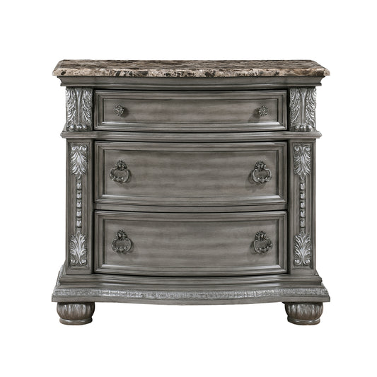 Gray antique nightstand with three drawers and ornate silver hardware