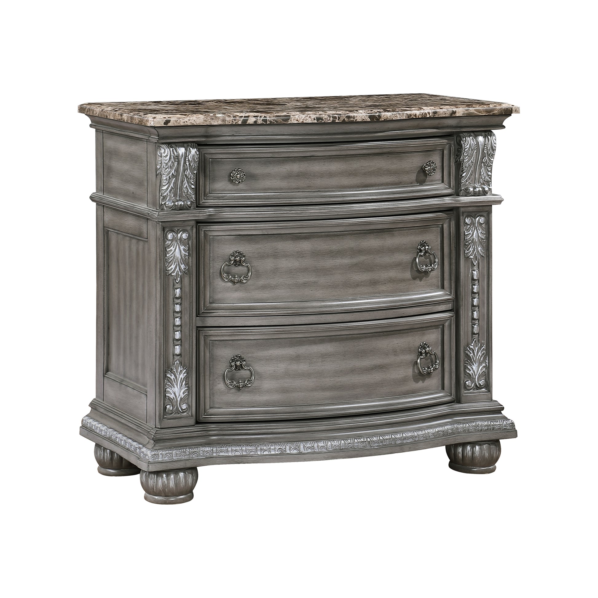Grey distressed wood nightstand with marble top and ornate silver pulls