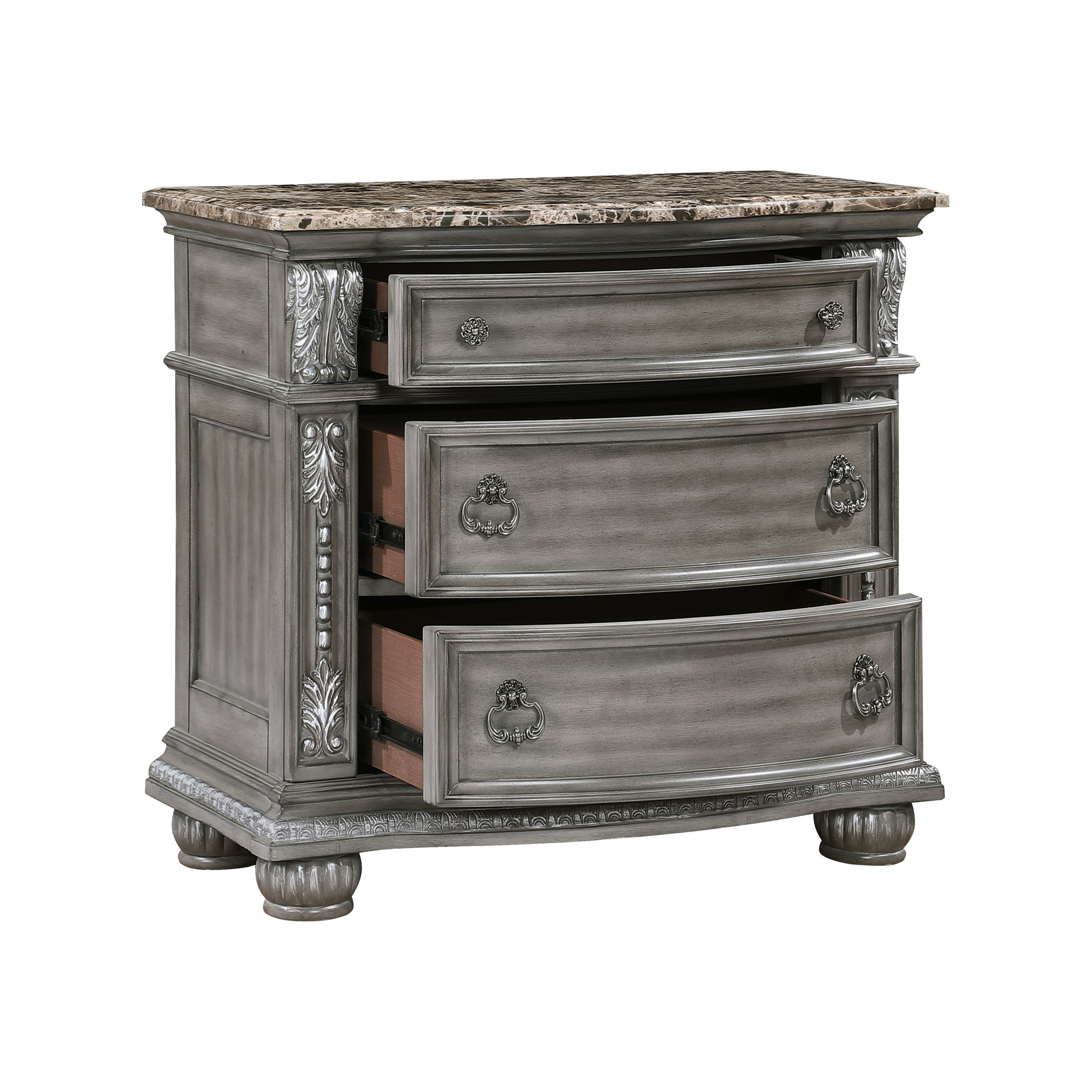 Gray distressed wood nightstand with marble top and ornate pulls