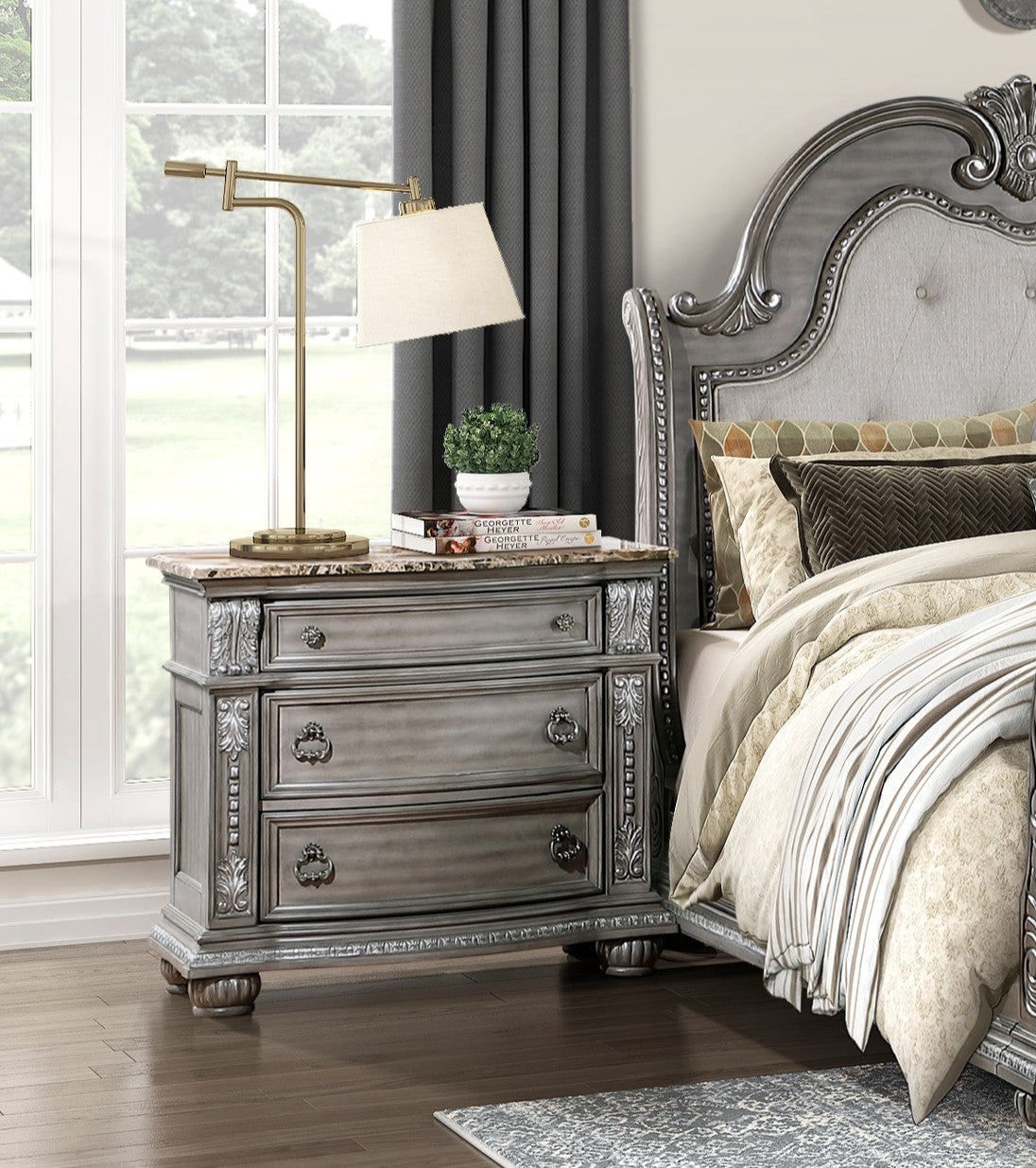 Antique grey wood nightstand with marble top and ornate carvings