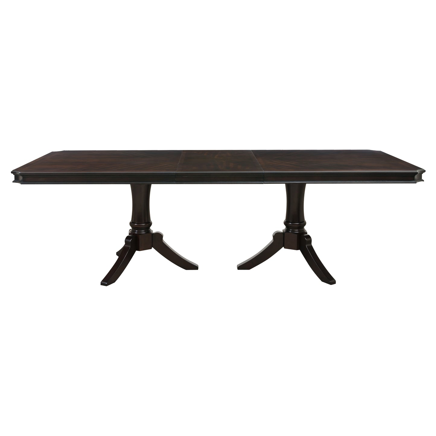 Dark wood rectangular dining table with pedestal legs perfect for formal meals