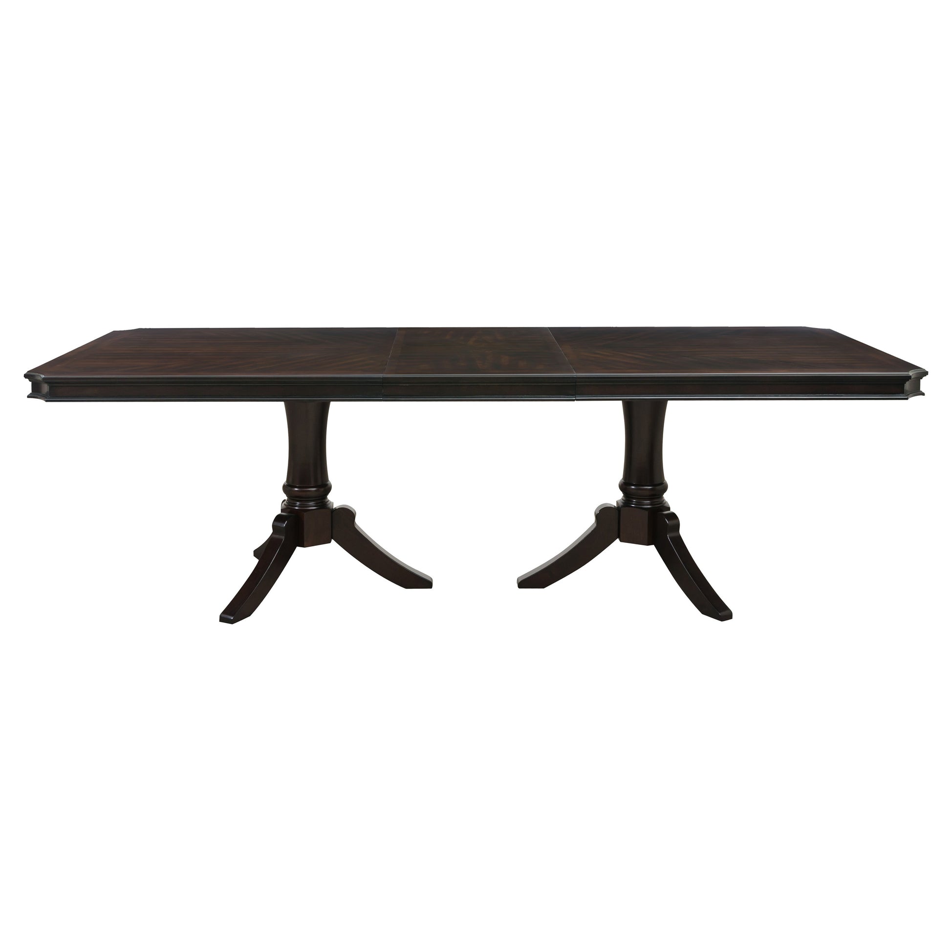 Dark wood rectangular dining table with pedestal legs perfect for formal meals