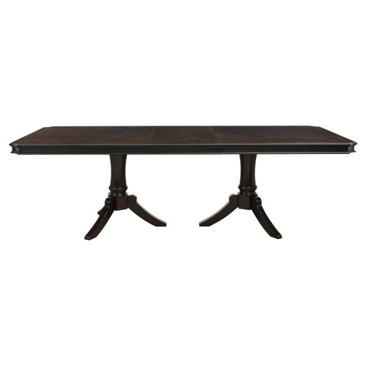 Dark wood rectangular dining table with pedestal legs perfect for formal meals