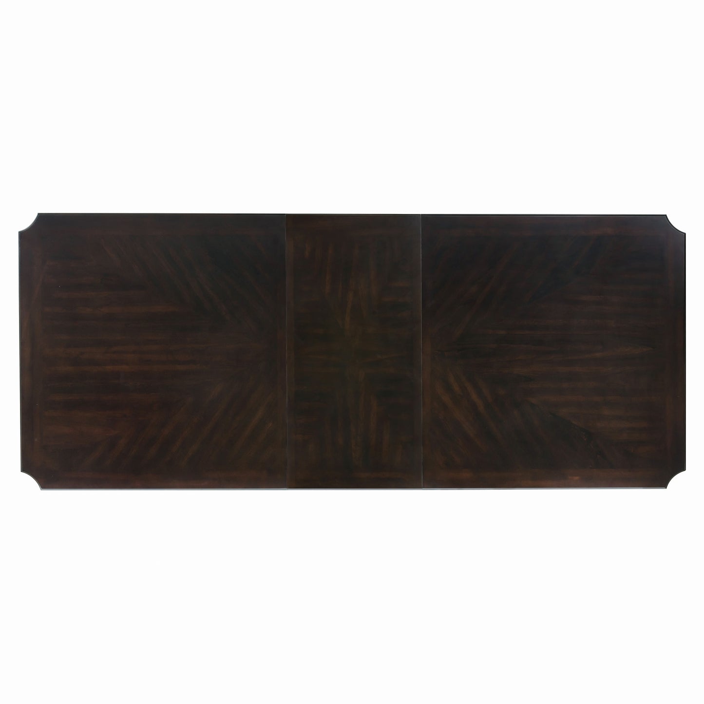Dark wood dining table with geometric inlay pattern and rounded corners seats