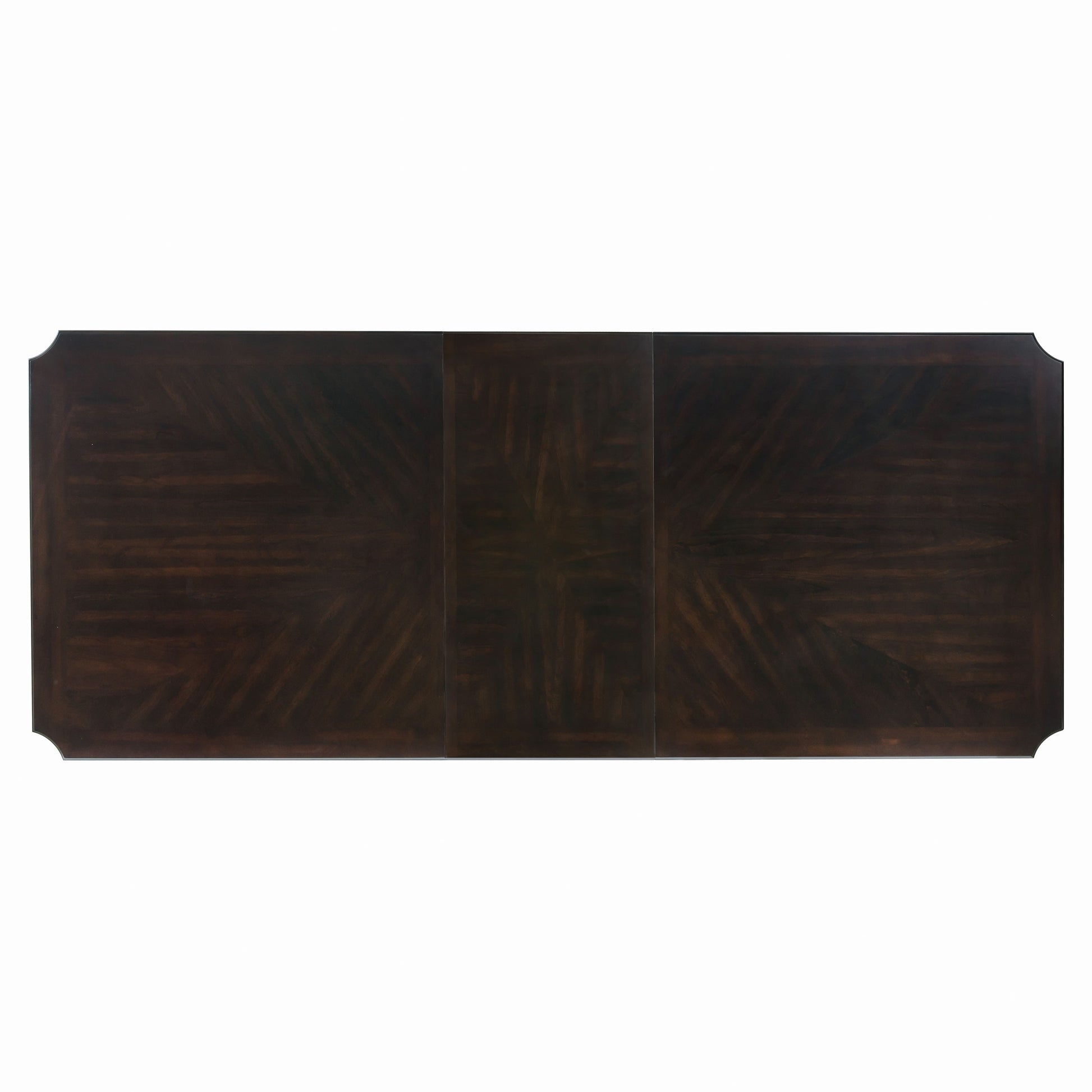 Dark wood dining table with geometric inlay pattern and rounded corners seats