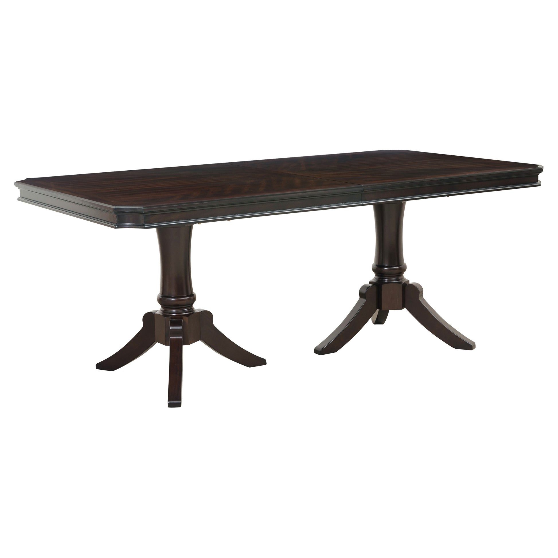 Dark mahogany dining table with double pedestal base and decorative inlay top