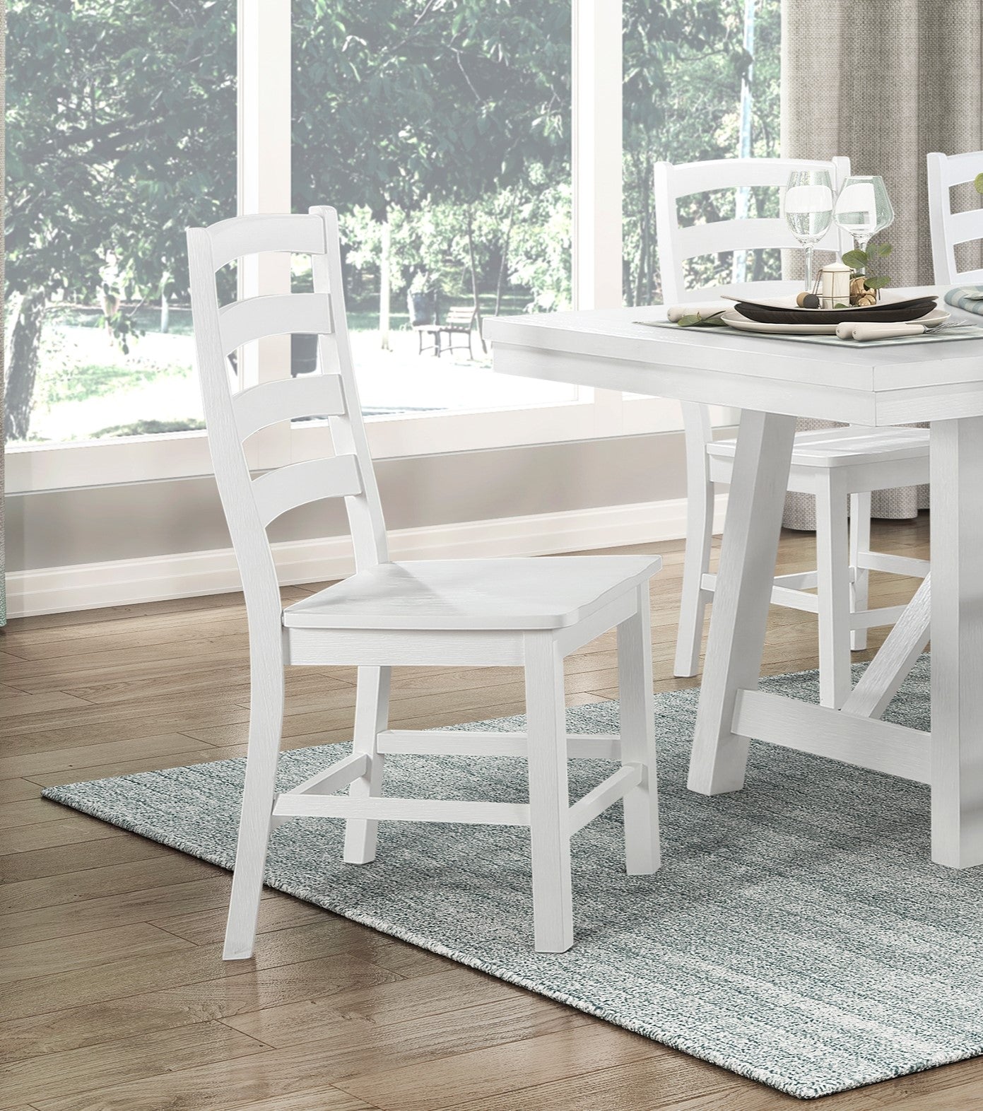 White wooden ladder back dining chair with contoured seat for comfort