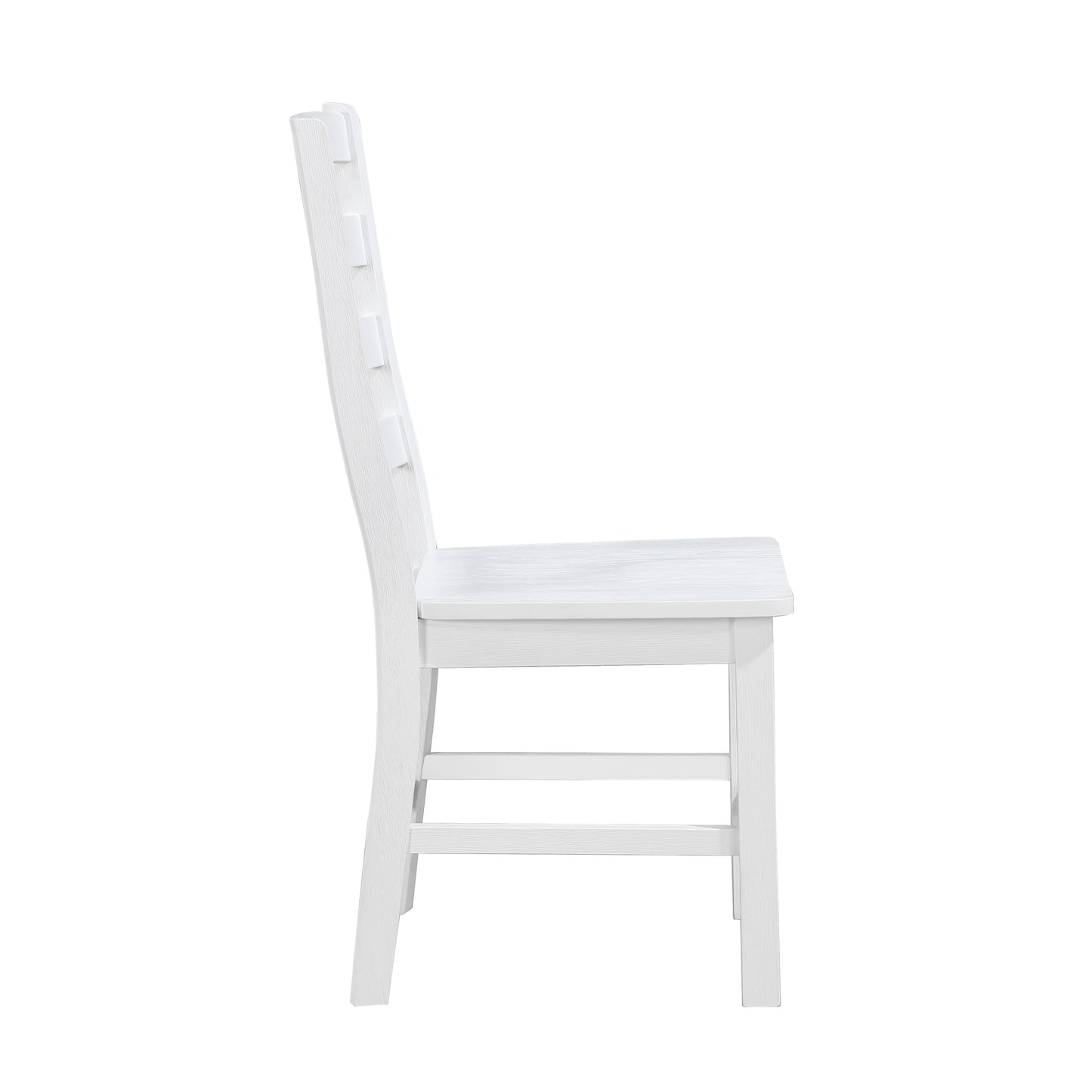 Side view of a white wooden dining chair with a slatted back and comfortable seat