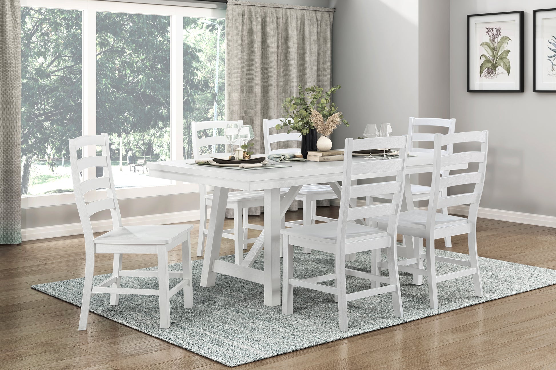 Classic white wooden dining set with a rectangular table and six ladderback chairs