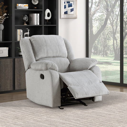 Light gray fabric recliner chair with fully extended footrest for maximum comfort
