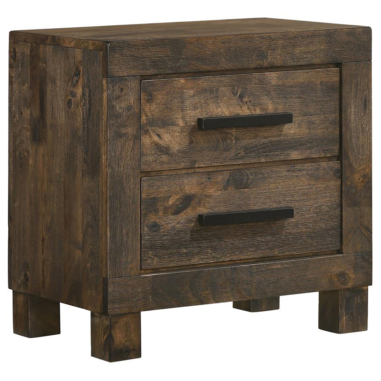 Rustic dark wood twodrawer nightstand with black metal handles for bedroom storage