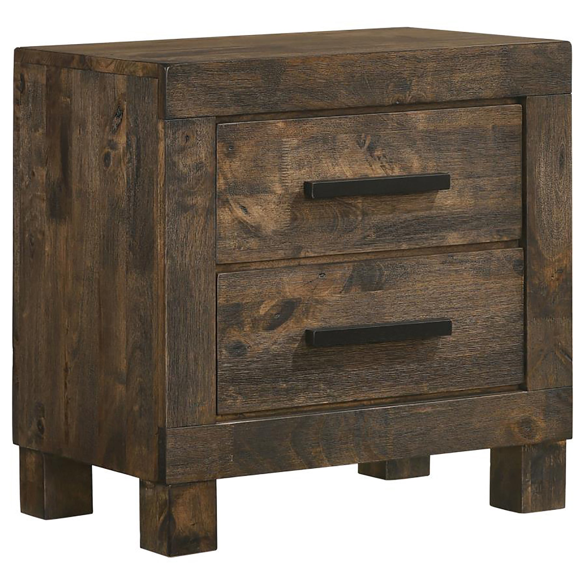 Rustic dark wood twodrawer nightstand with black metal handles for bedroom storage