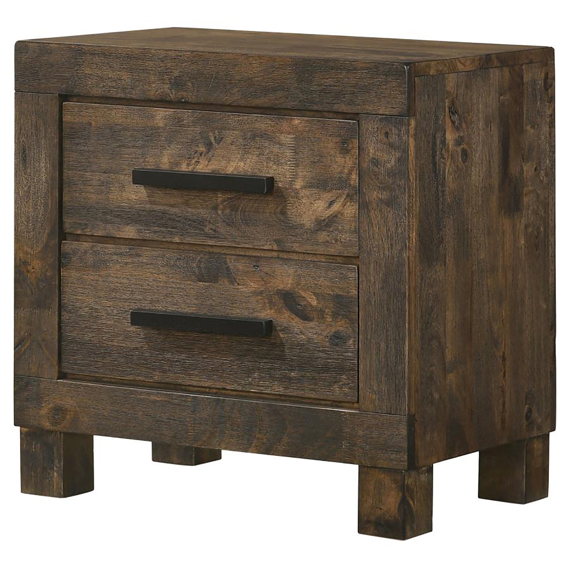 Rustic dark wood twodrawer nightstand with black metal handles