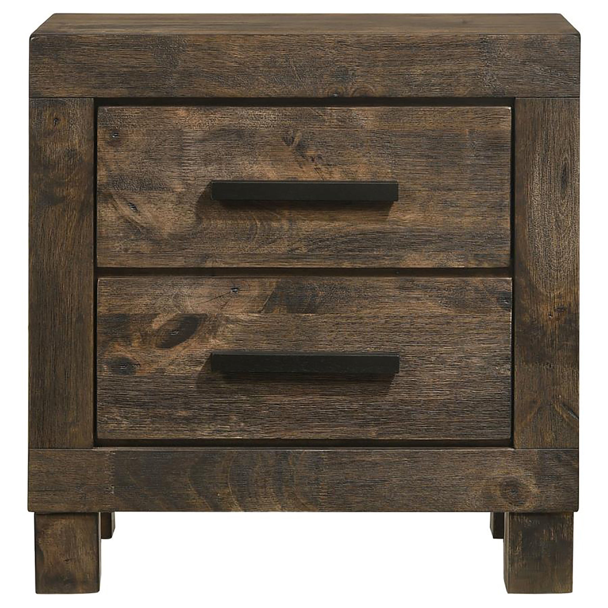 Rustic brown wood nightstand with two drawers and black metal handles Perfect bedside storage
