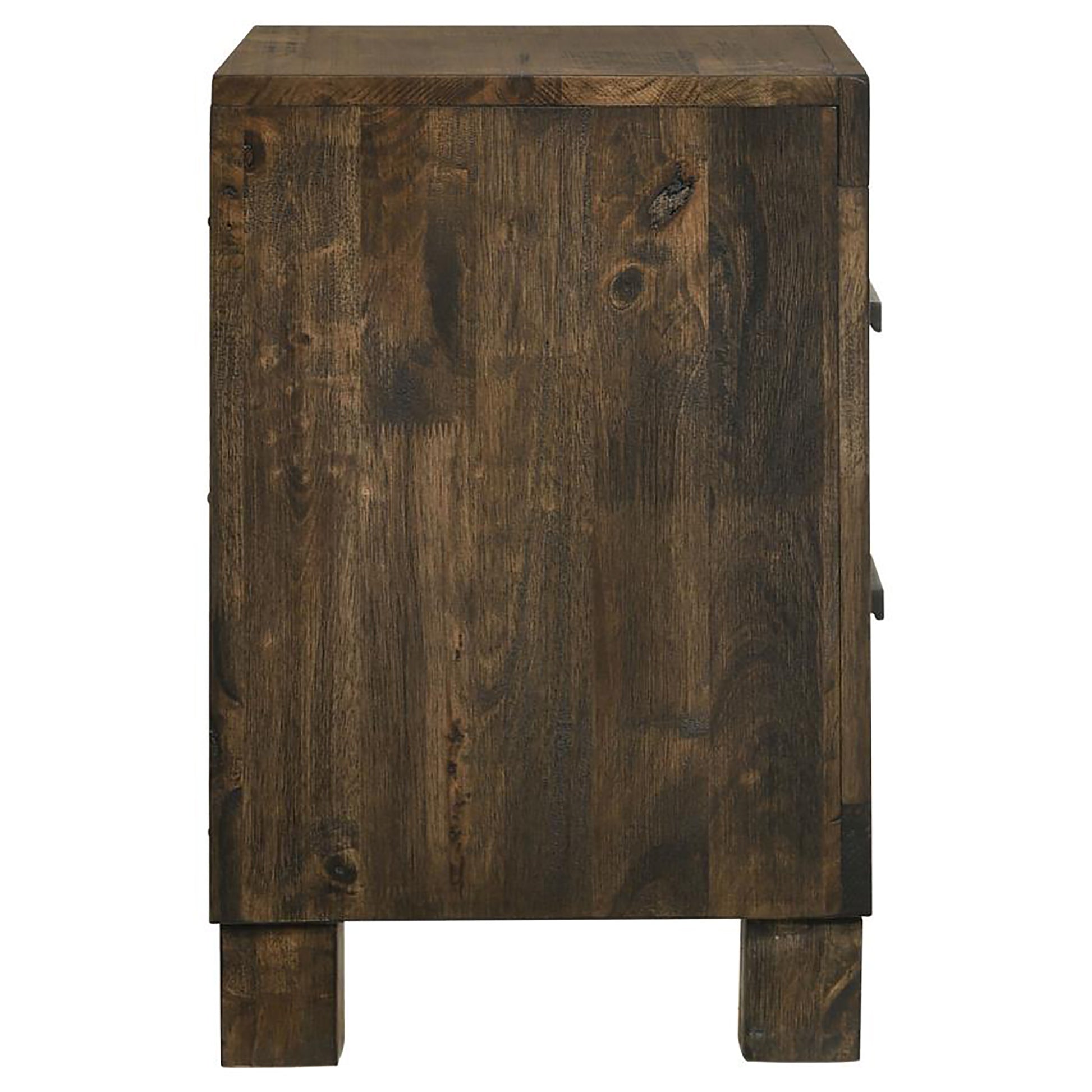 Side view of a dark brown solid wood nightstand with visible grain a natural wood finish