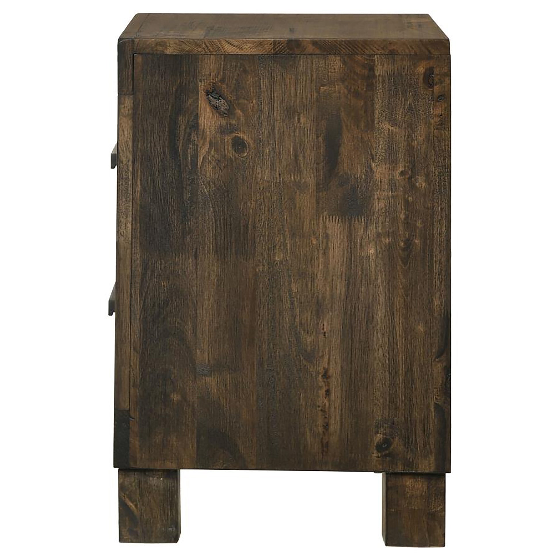 Dark brown distressed wood nightstand with metal handle visible on side
