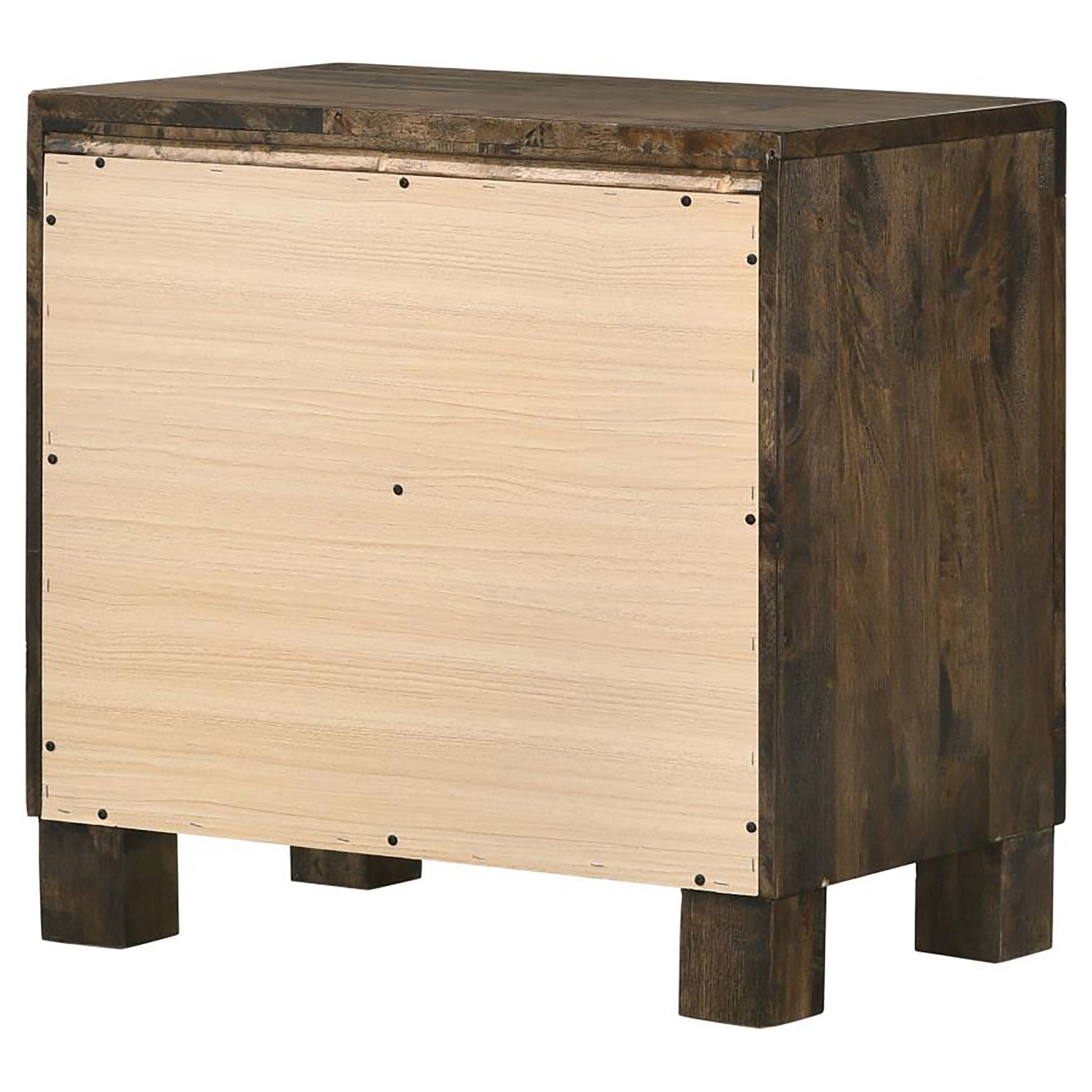 Dark brown wood nightstand with exposed plywood backing and block legs